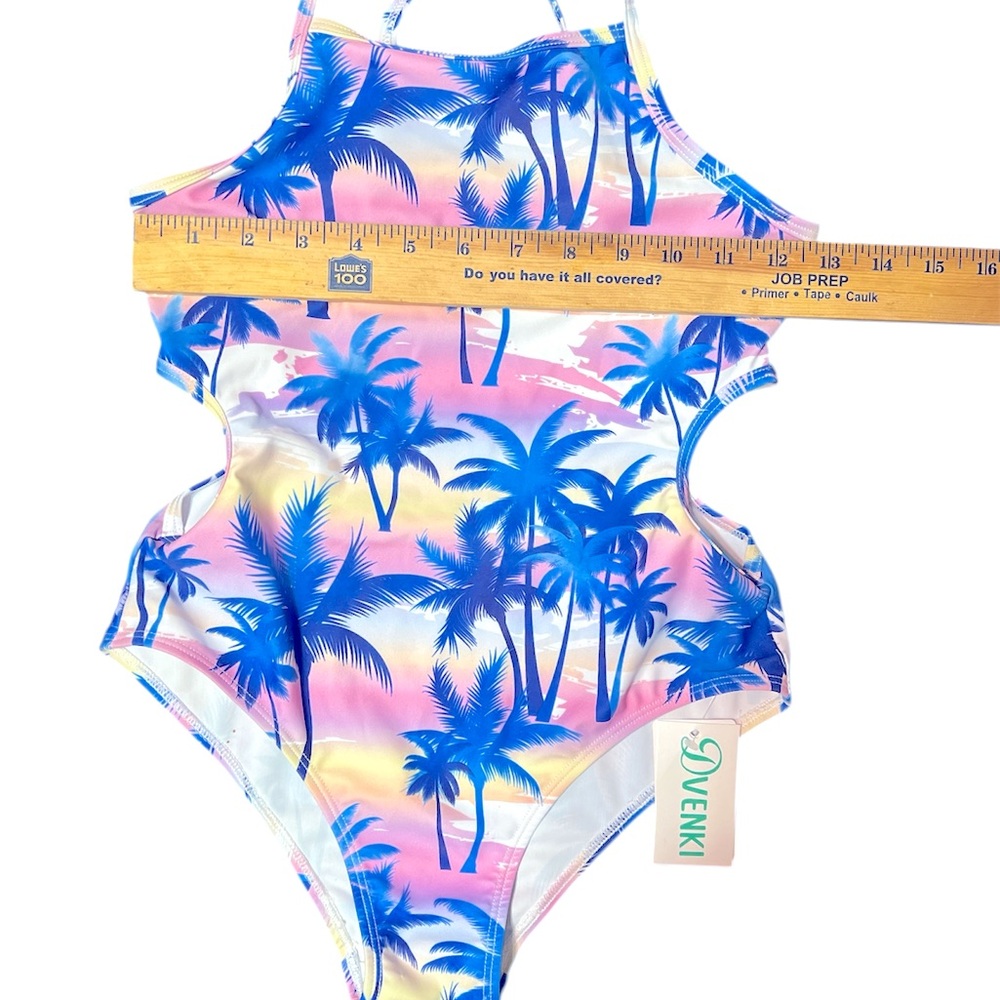 NWT Tropical Print Swimsuit Blue and Pink Adjustable straps palm trees cut out